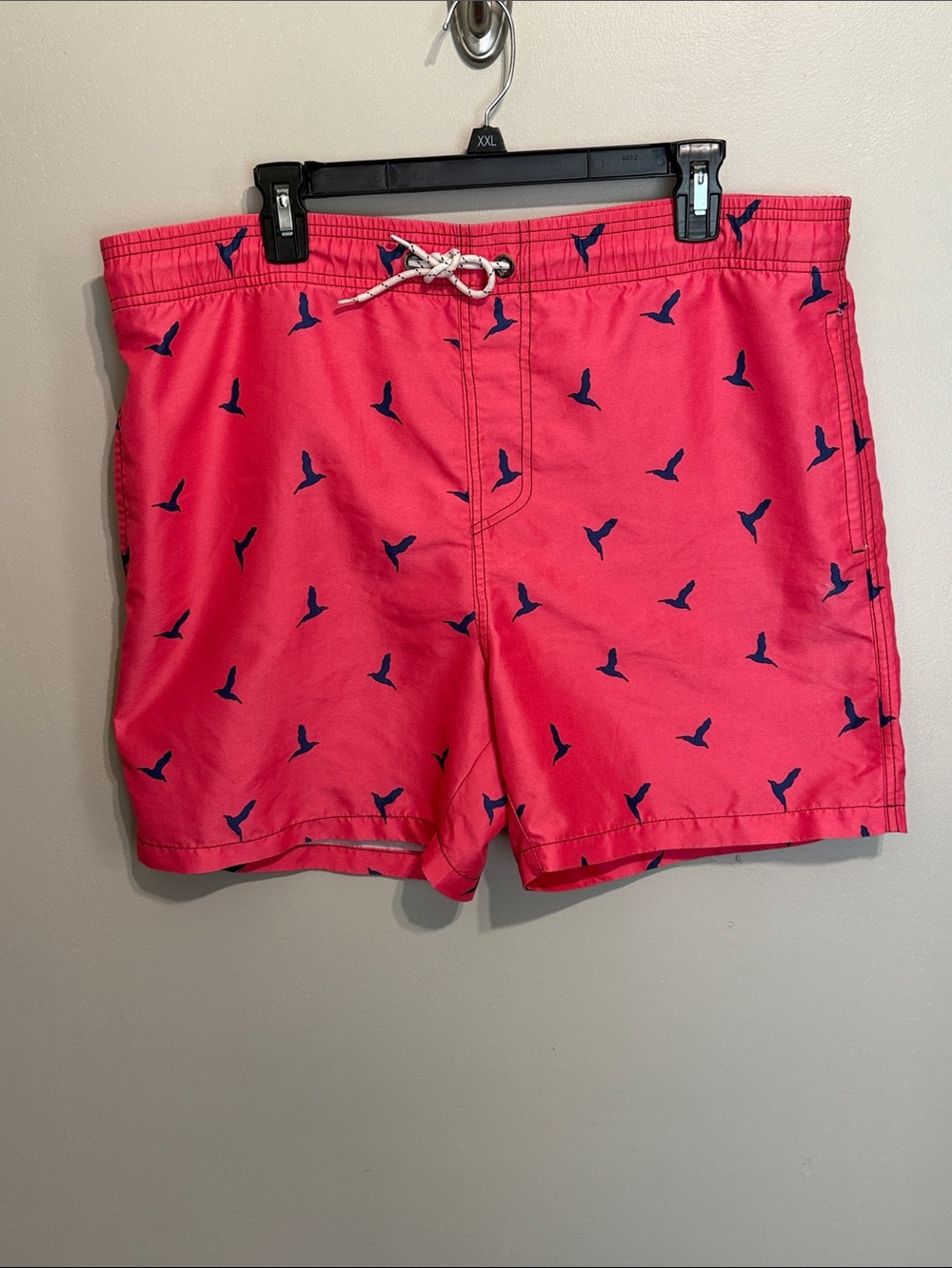 Men's Coral Swim Trunks with Navy Bird Print